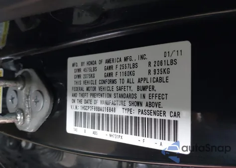 2011 Honda Accord 3.5 Ex-L from USA, damaged, VIN 1HGCP3F89BA016848